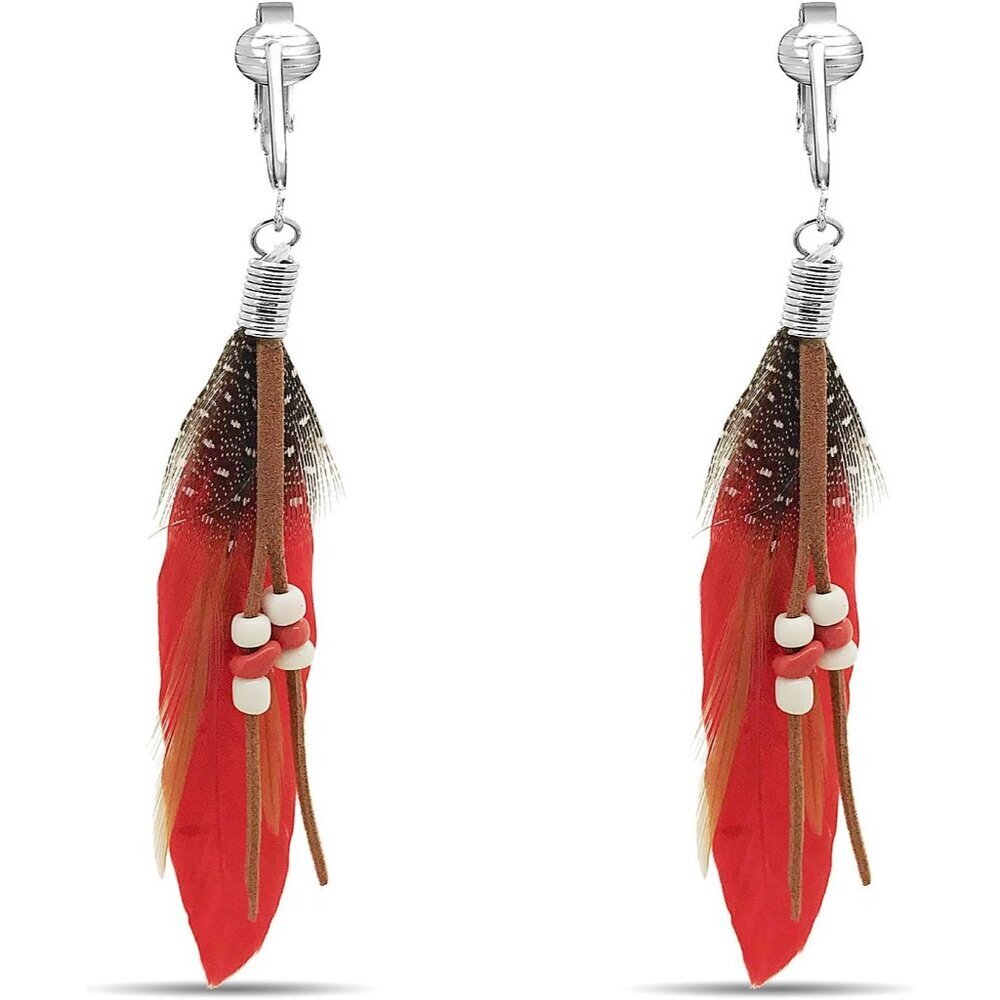 Bohemian Red Feather Dangle Clip On Earrings - Long Stylish Tassel Earrings for